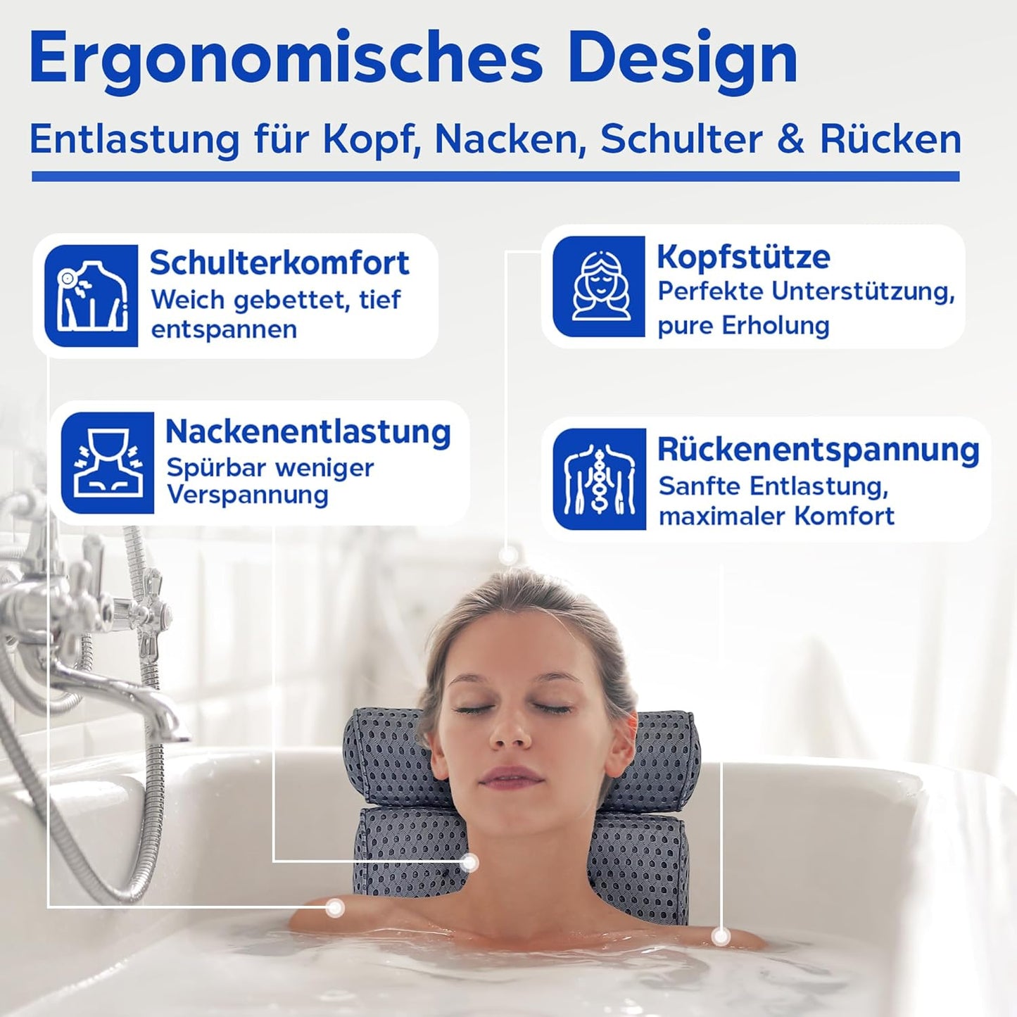 Ergonomisches Badewannenkissen mit 7 Saugnäpfen, Grau extra dick