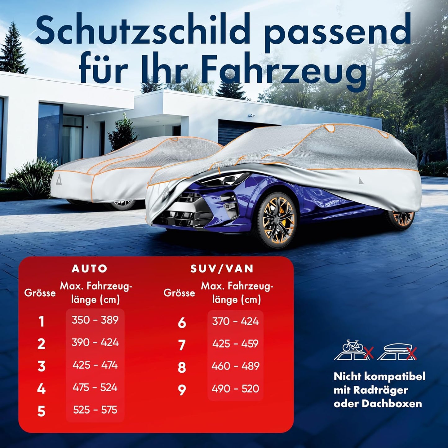 Hagel- & Hitzeschutz Abdeckplane für SUV/VAN, Grösse 7: SUV/VAN 425 - max. 459 cm Länge Silber