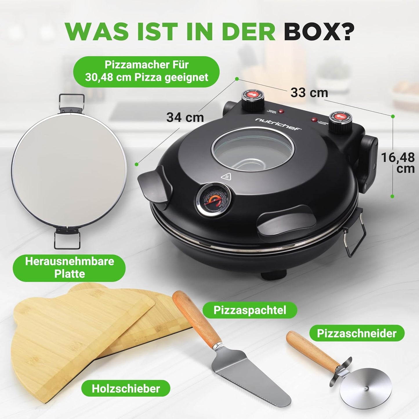 Elektrischer Pizzaofen mit Stein (30 cm, bis 426°C), Black