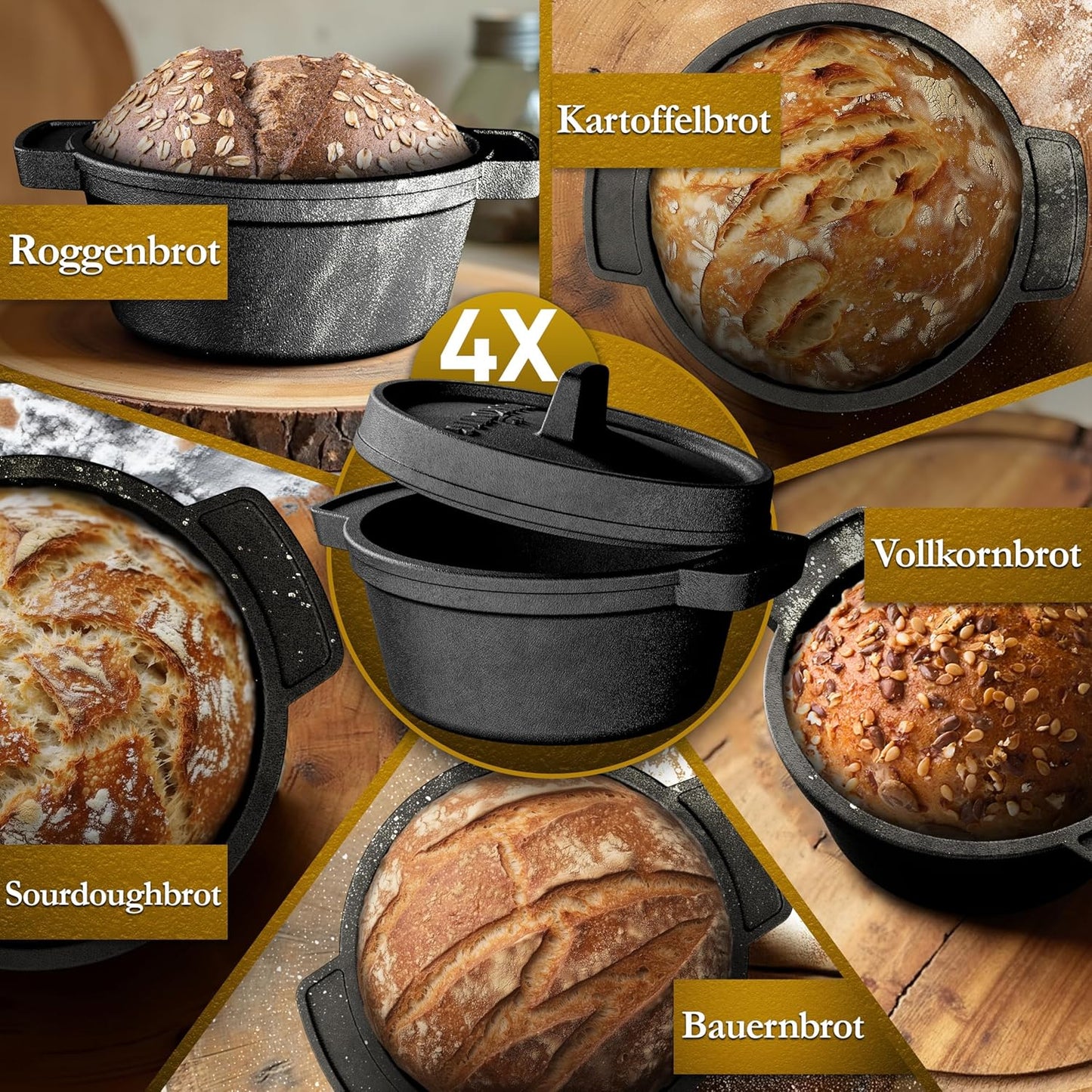 4-teiliges mini Brotbacktopf Set mit Rezeptbuch und Pflegepaste, Schwarz 4x 300 ml