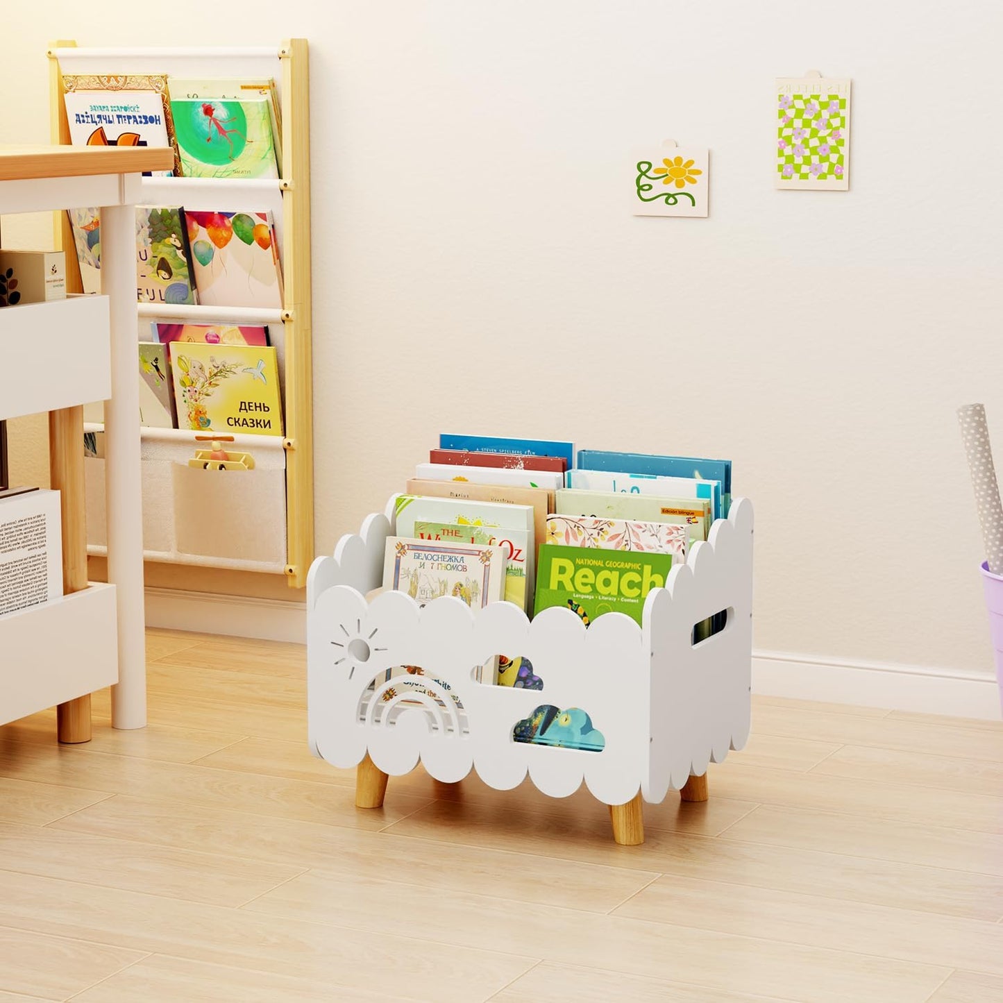 Kinder Bücherregal aus Holz für Leseecke, Weiss - Standard (Stationär)