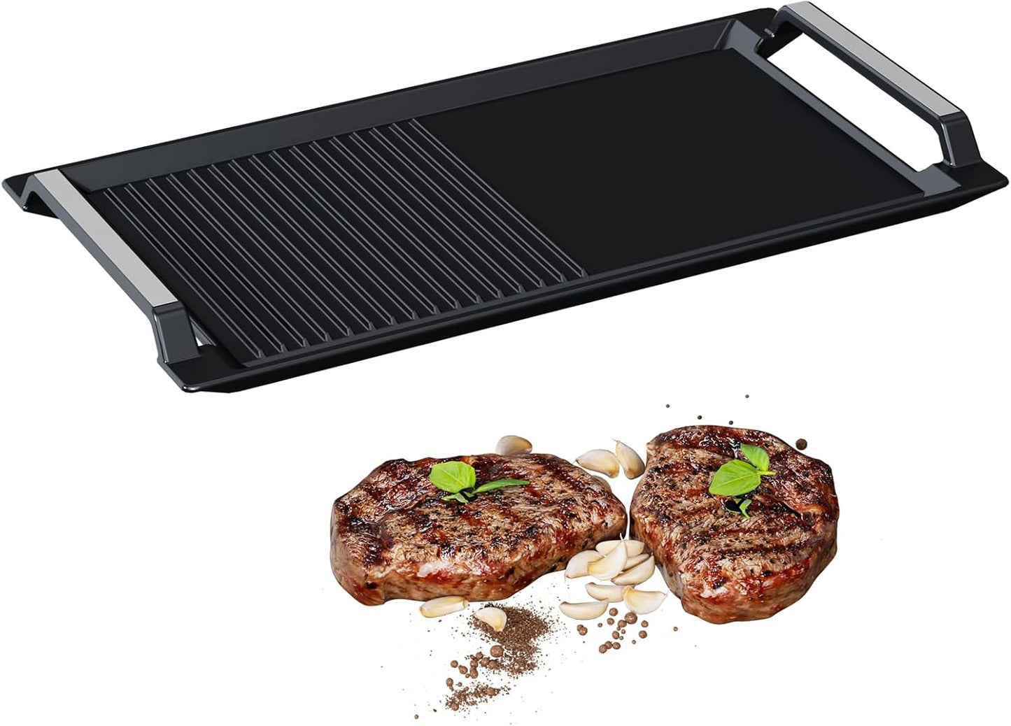 Grillplatte aus Gusseisen, 43 x 23 cm, Gerippt&Flach 43x23cm