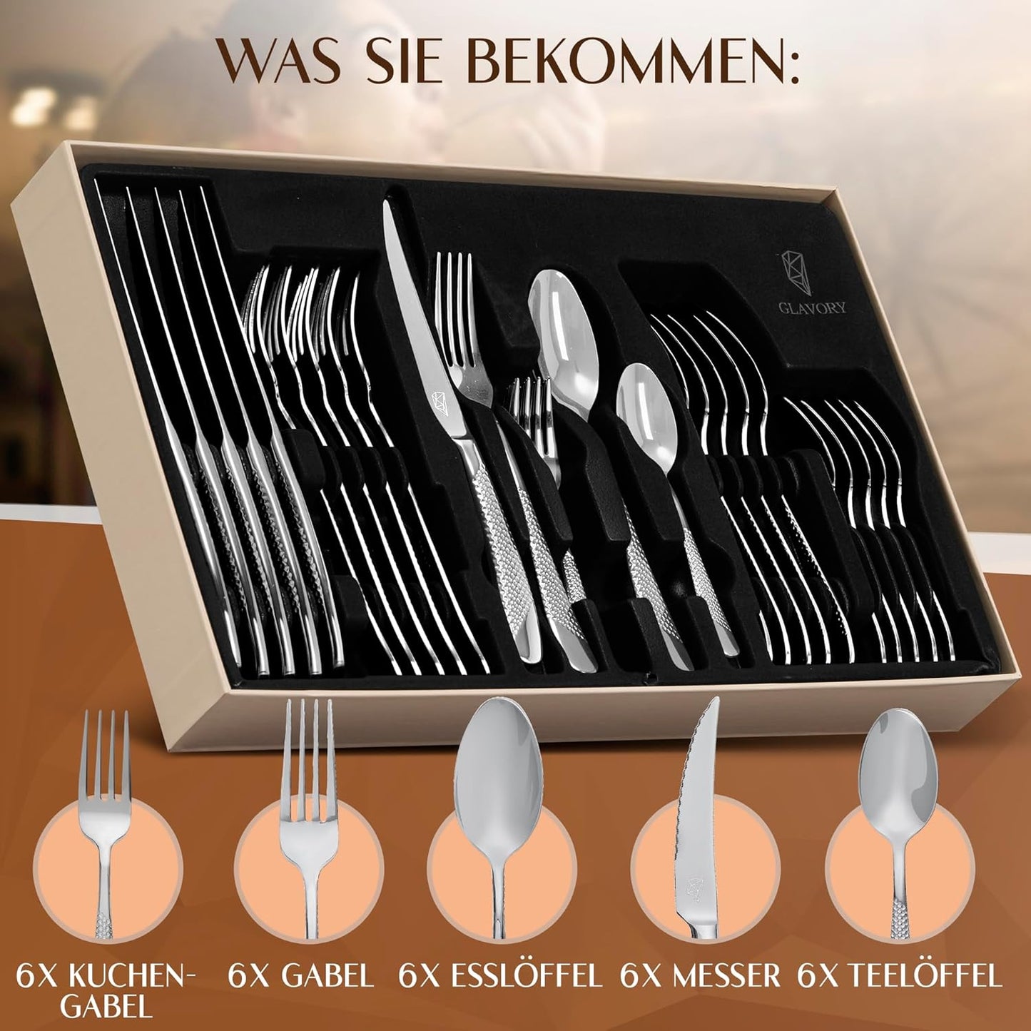 Aurora Besteck-Set (30-teilig, spülmaschinenfest), Silber 30