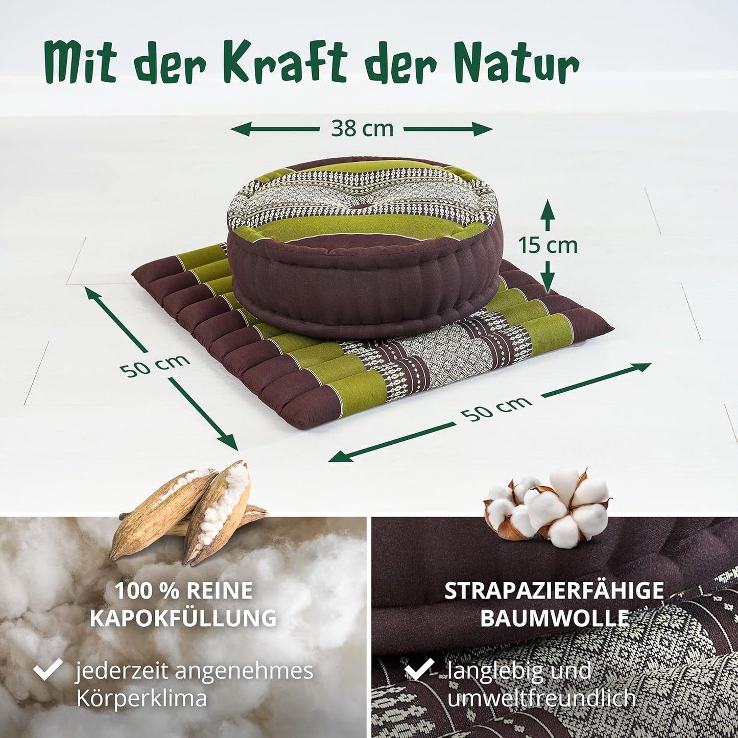 Meditationsset mit Matte und Kissen, Braun/Grün