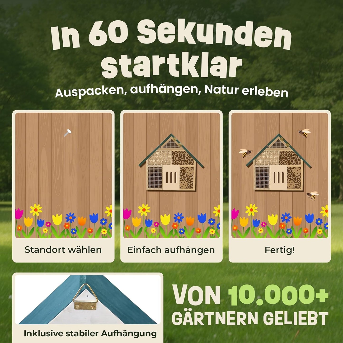 Insektenhotel XXL mit Bambus-Röhrchen (28,5 cm), Kompaktes Insektenhotel – Grünes Dach (28,5 cm)