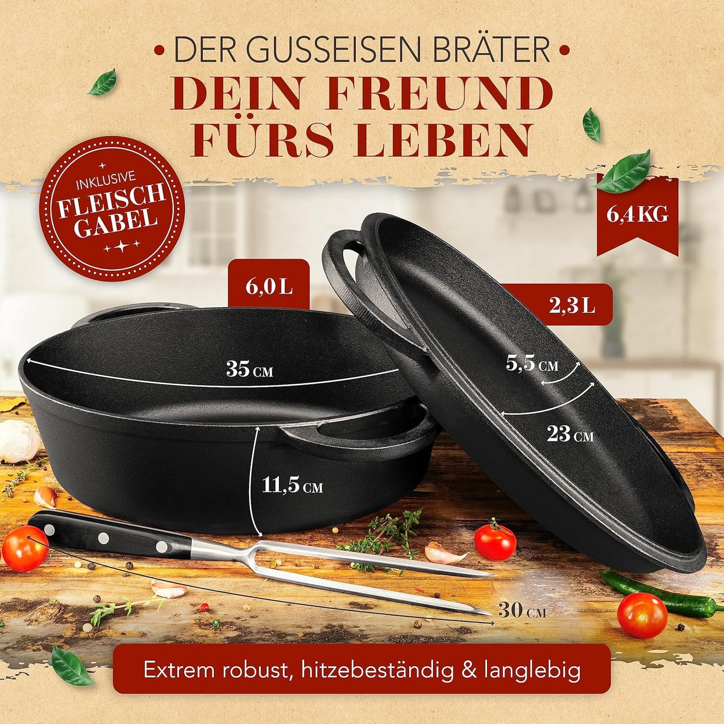 Gusseisen-Bräter mit Fleischgabel, 35cm+Fleischgabel