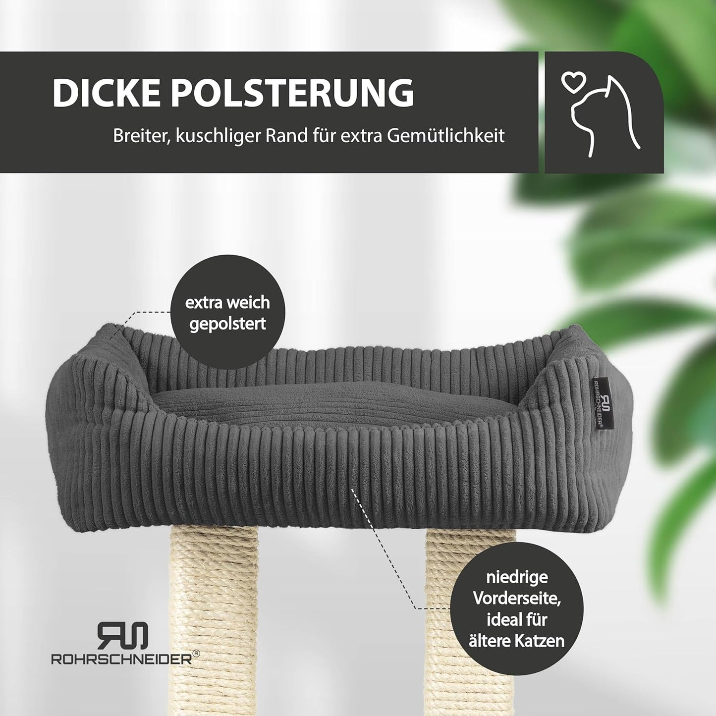 Kratzbaum Wolly mit Katzenbett und Kissen, Cordstoff breit dunkelgrau
