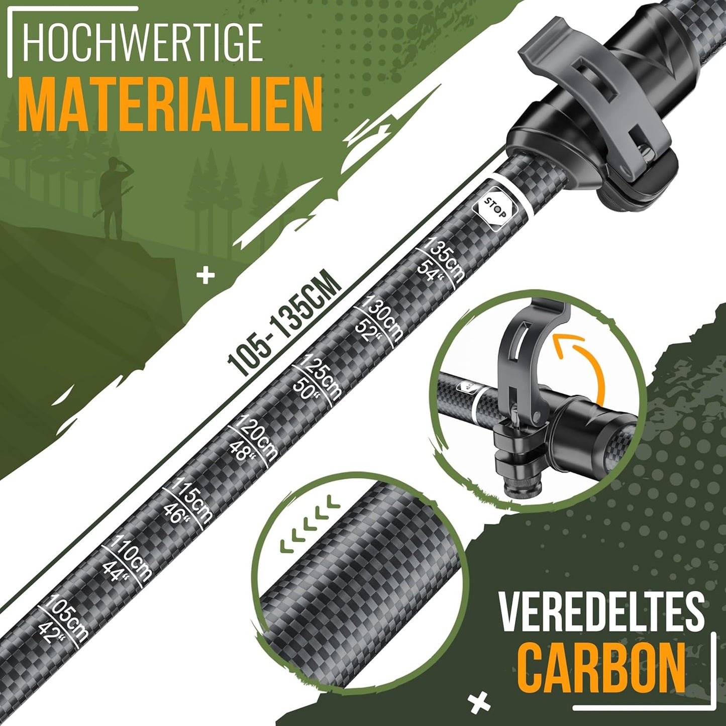 Faltbare Wanderstöcke aus Carbon, Teleskop - 105-135cm Carbon