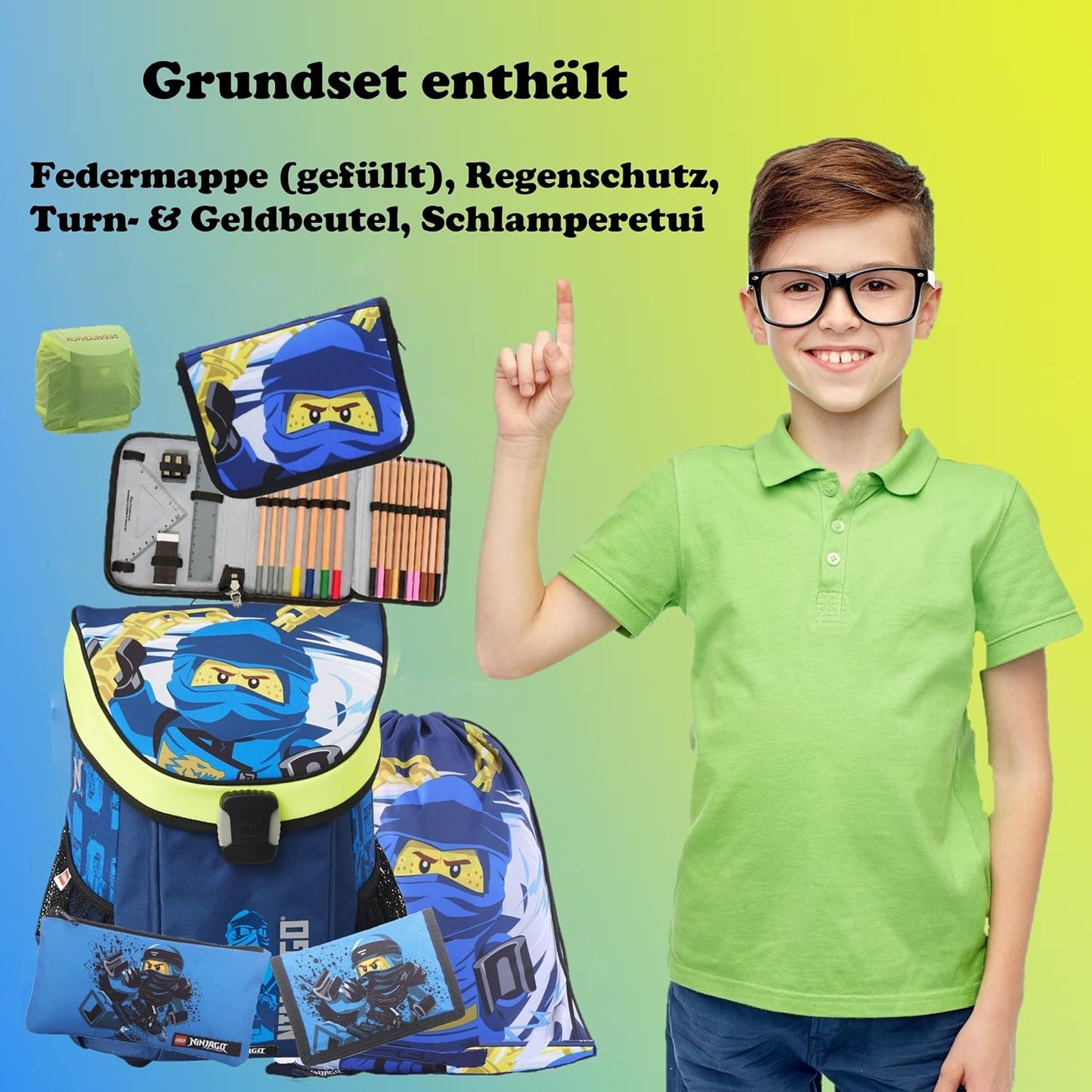 Ninjago Schulranzen-Set, Blau 6-teiliges Set mit Federmappe