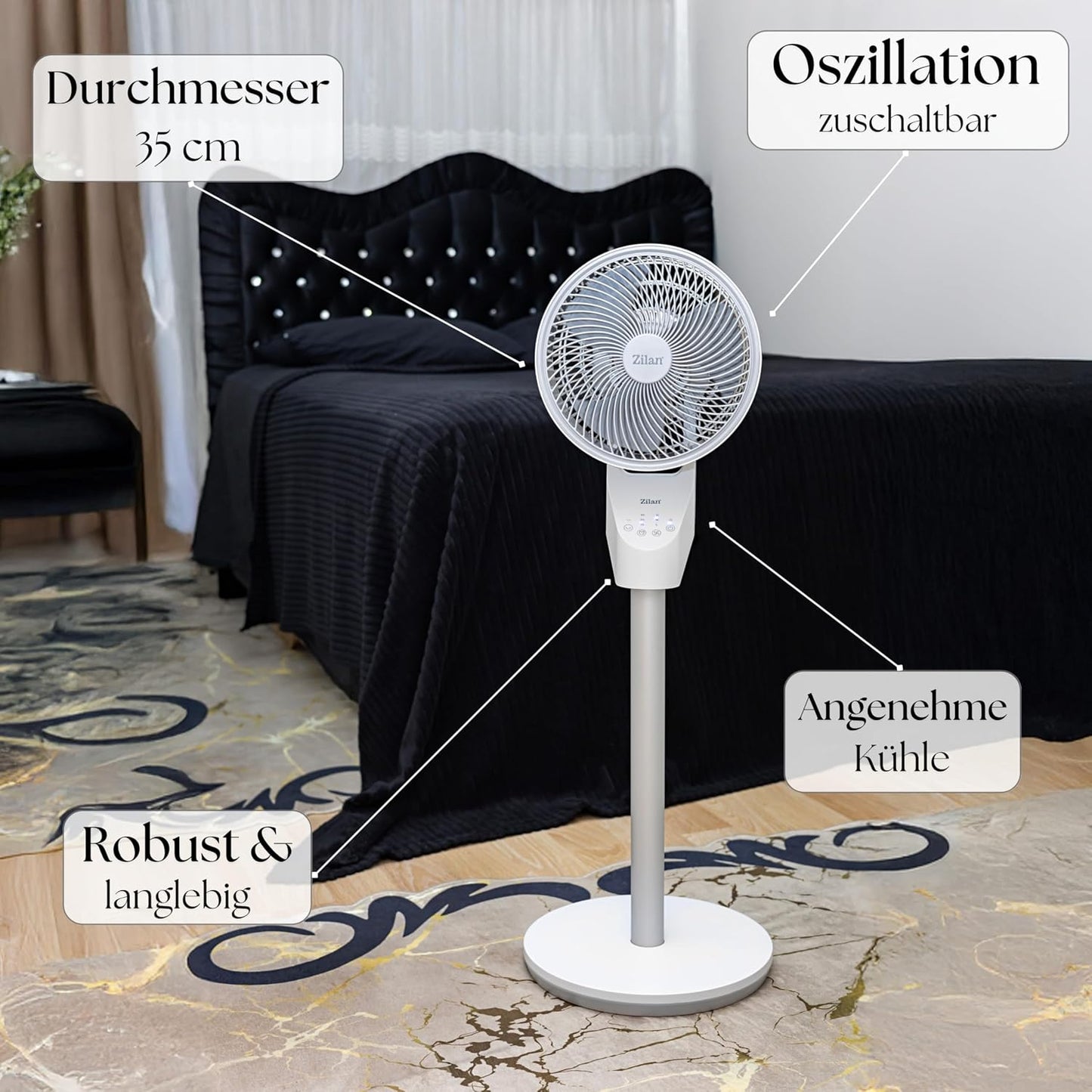 Leiser Standventilator mit Fernbedienung und Timer, Weiss mit Fb