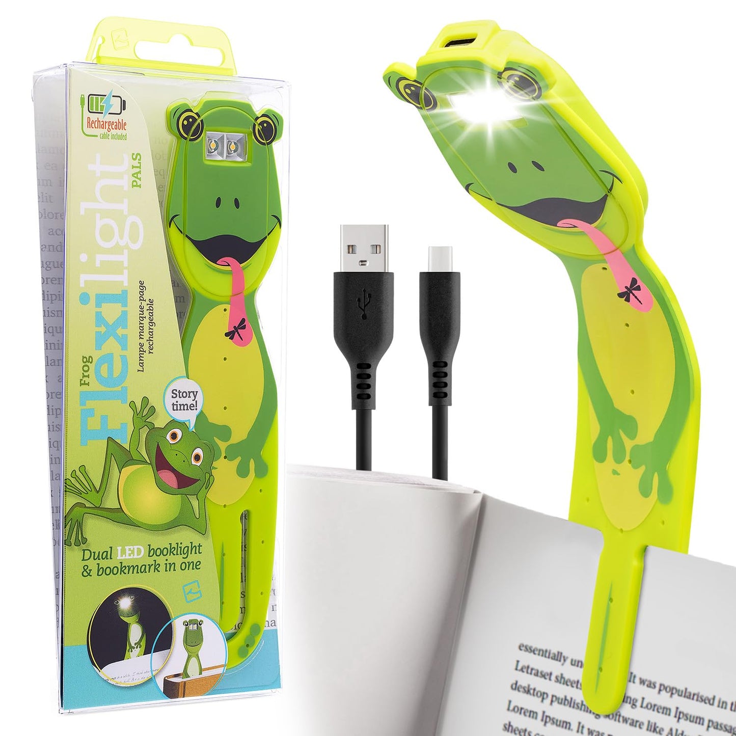 Flexilight 2-in-1 Clip On Leselampe & Lesezeichen, wiederaufladbar, Frosch