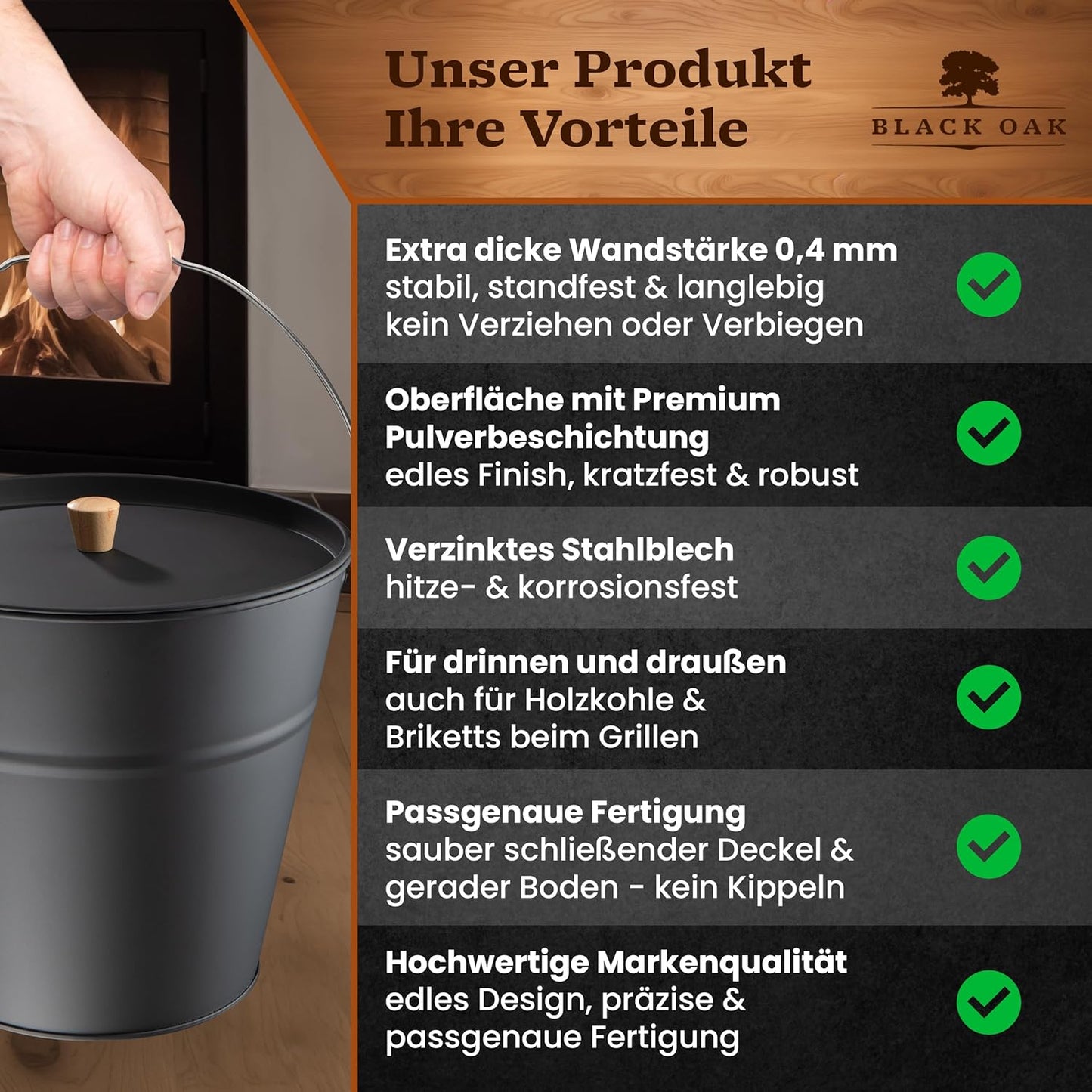 Feuerfester Ascheeimer mit Deckel & Handschuhen, Fuego, Fuego 10L Eimer