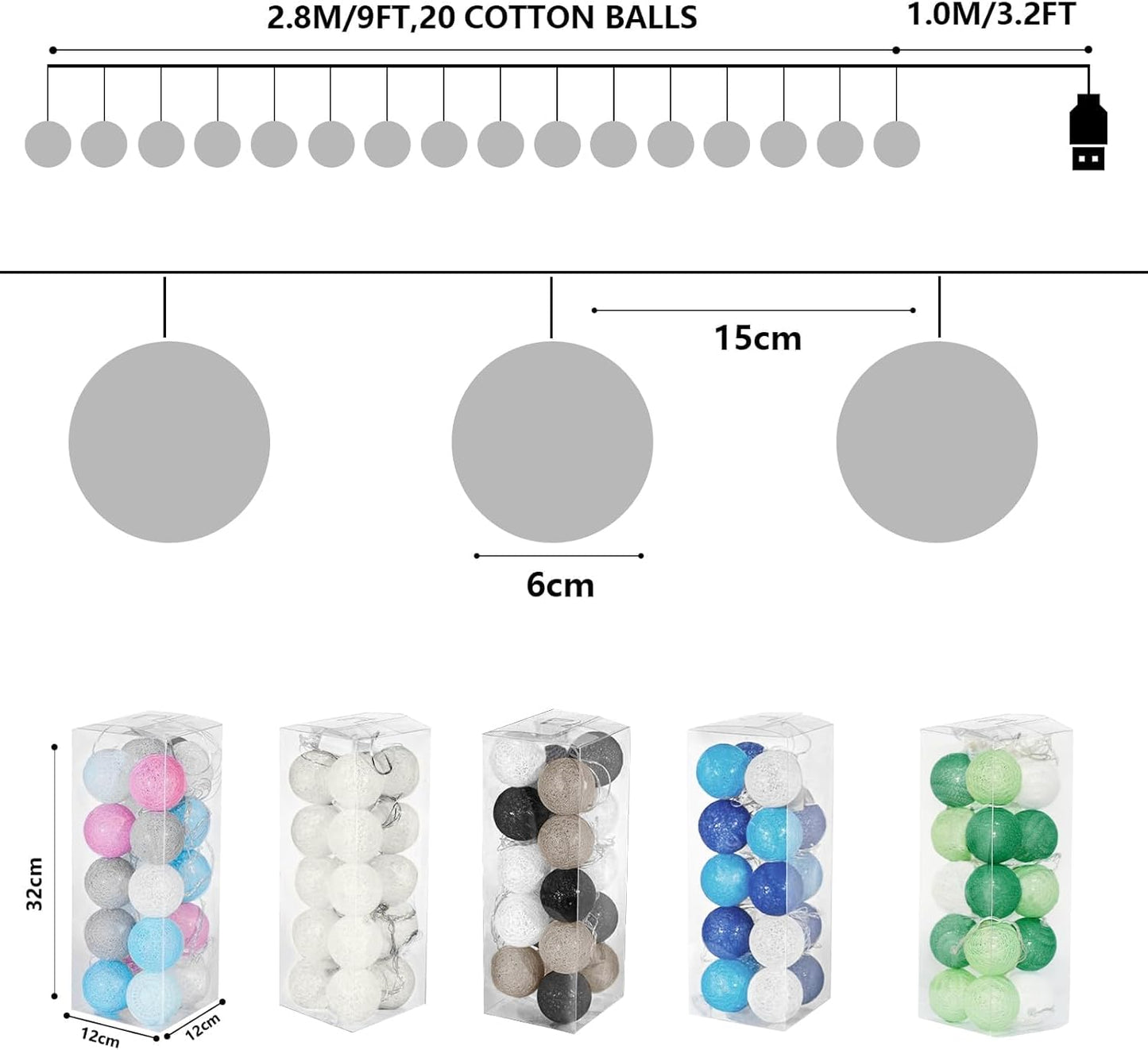 LED Cotton Ball Lichterkette mit Fernbedienung, USB Grün
