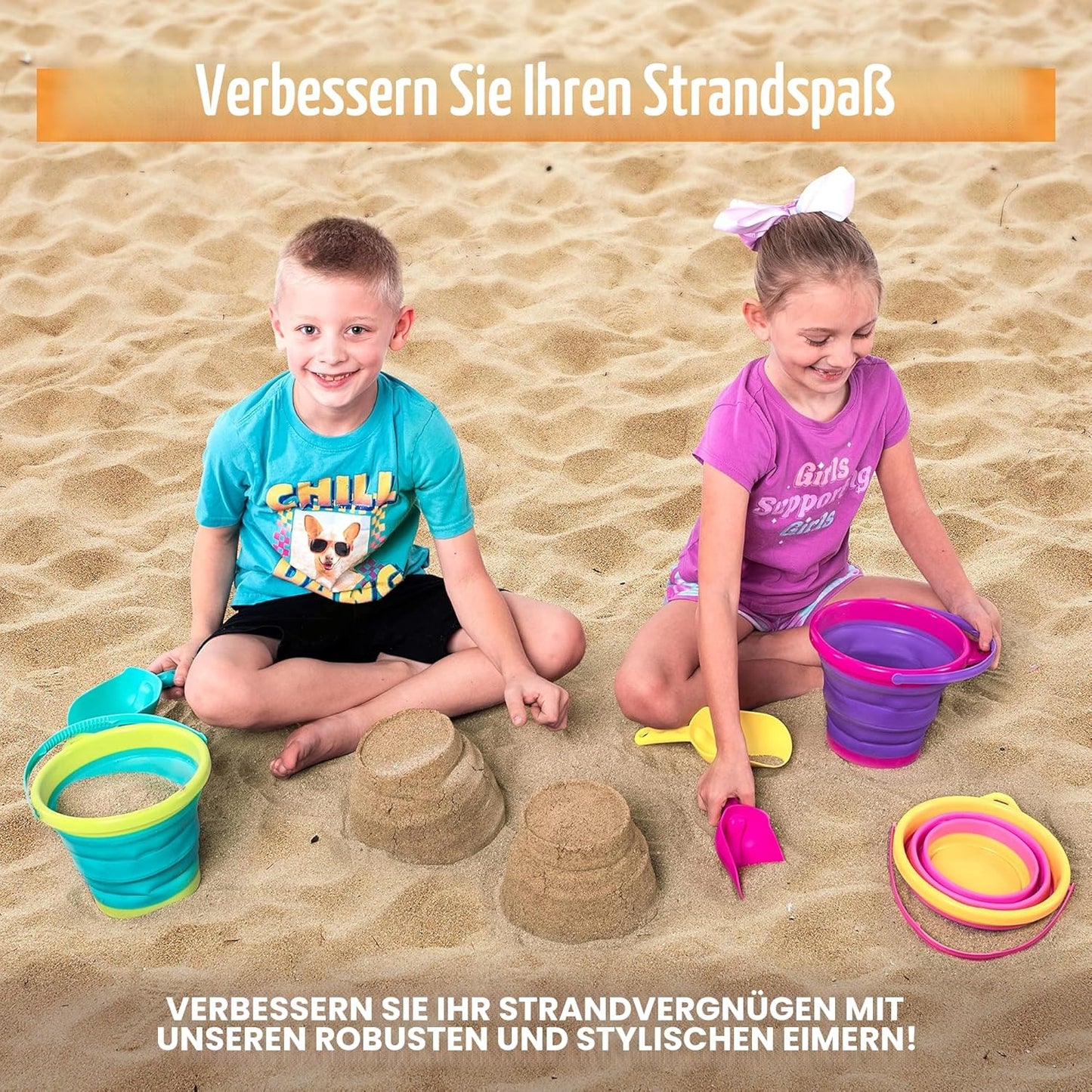 Faltbare Sandspielzeug Eimer mit Netz-Rucksack, 3 Stück, Pink