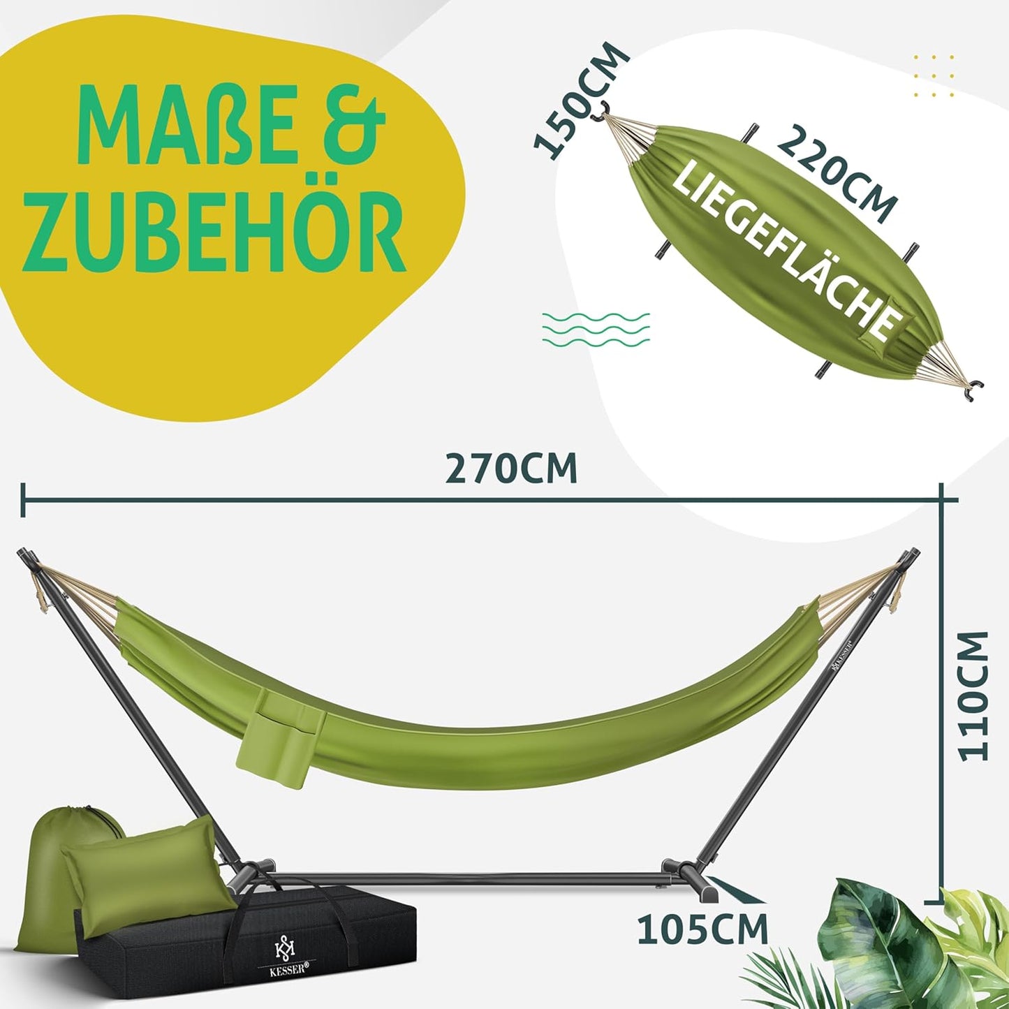 Hängematte mit Gestell für 2 Personen, Khaki