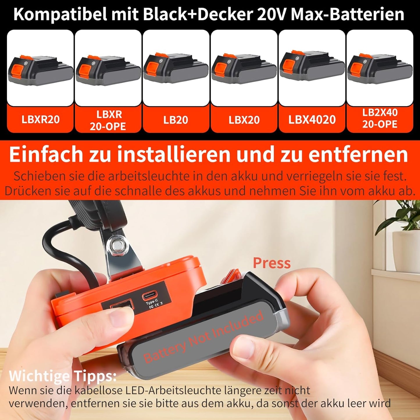Kabellose LED Arbeitsleuchte ohne Akku, Rot-für Black+decker Akku 20v
