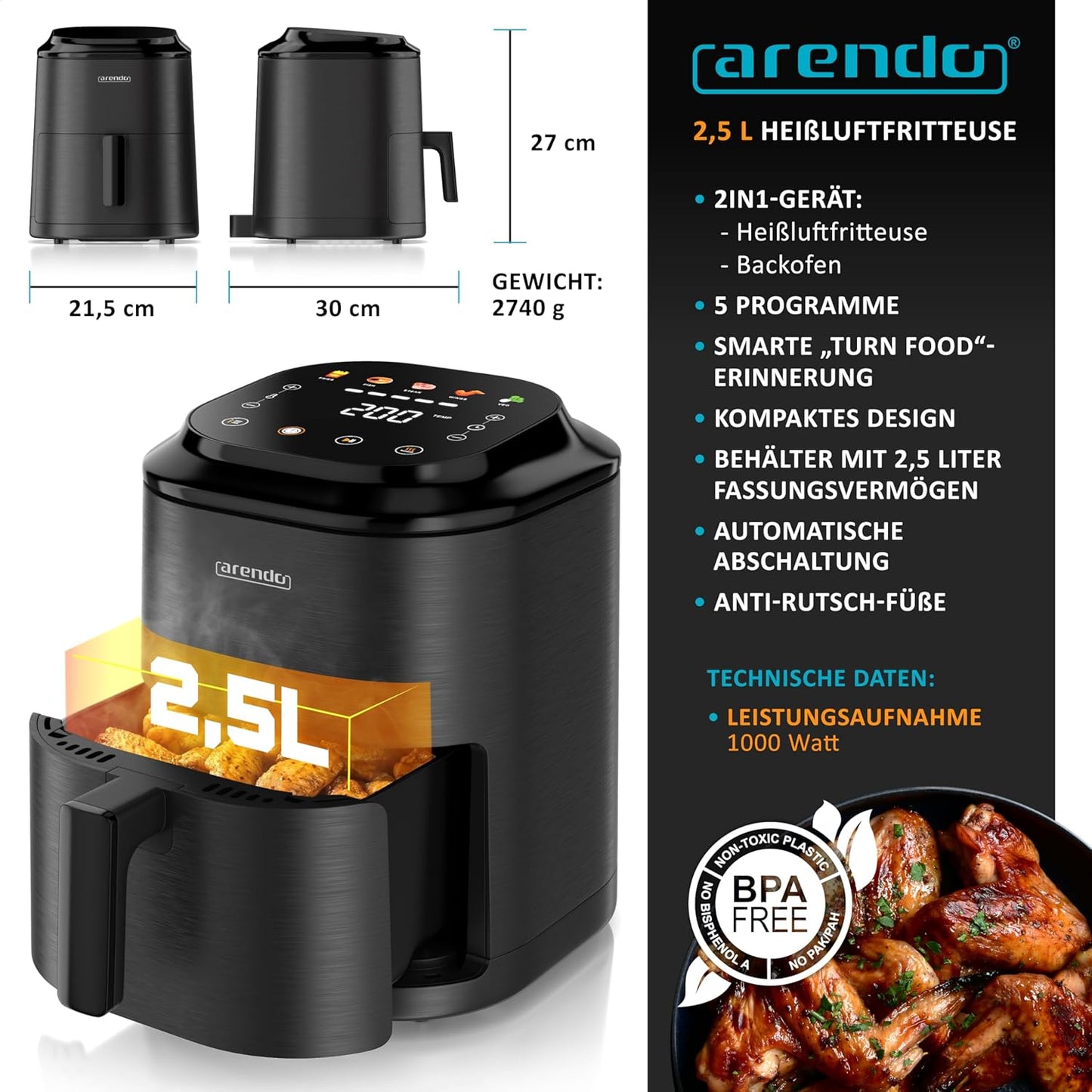 Mini Heissluftfritteuse mit Timer & Automatikprogrammen