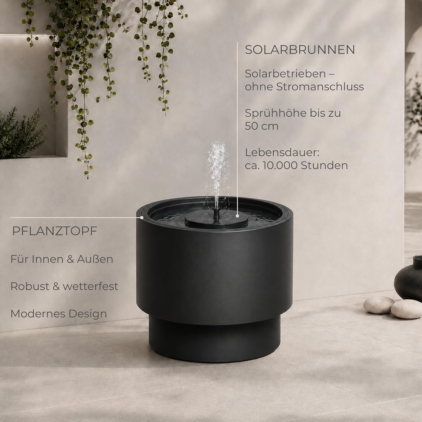 Solarbrunnen mit Akku für Aussenbereich, Anthrazit Ø 47 x H 45 cm