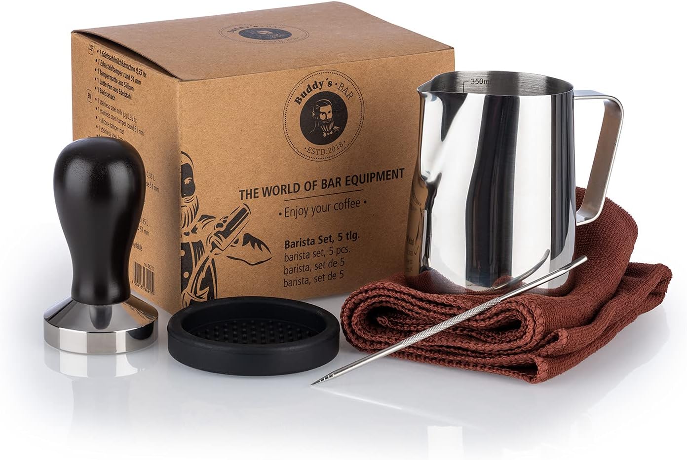 5-teiliges Barista Set mit Milchkännchen, Premium Barista Set