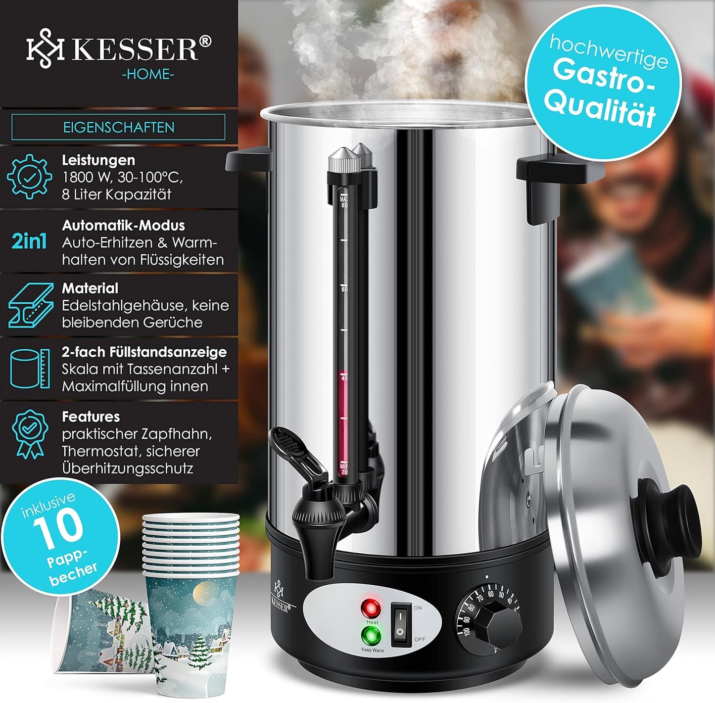 Glühweinkessel mit Thermostat und Zapfhahn inkl. 10x Becher, 8 Liter / Silber