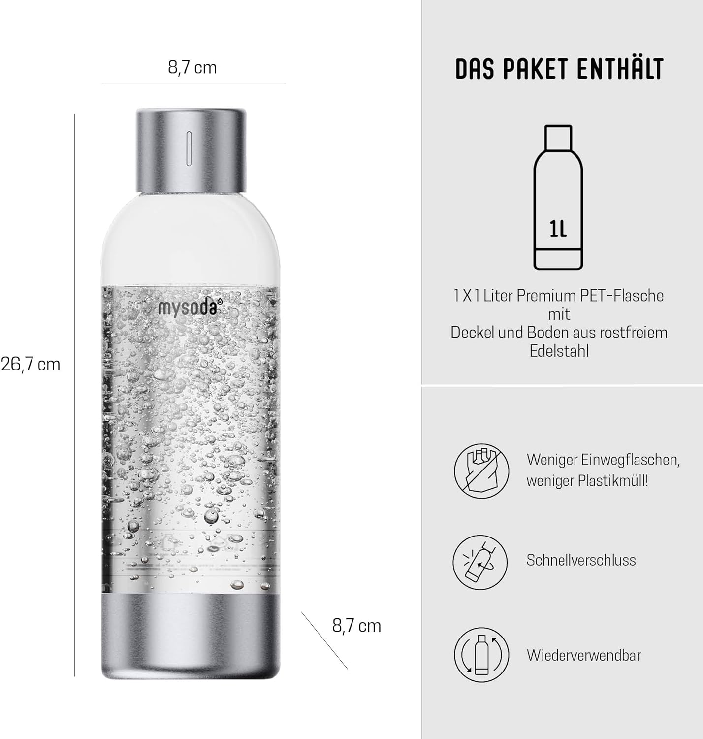Wasserflasche für Wassersprudler, 1000 ml Silber