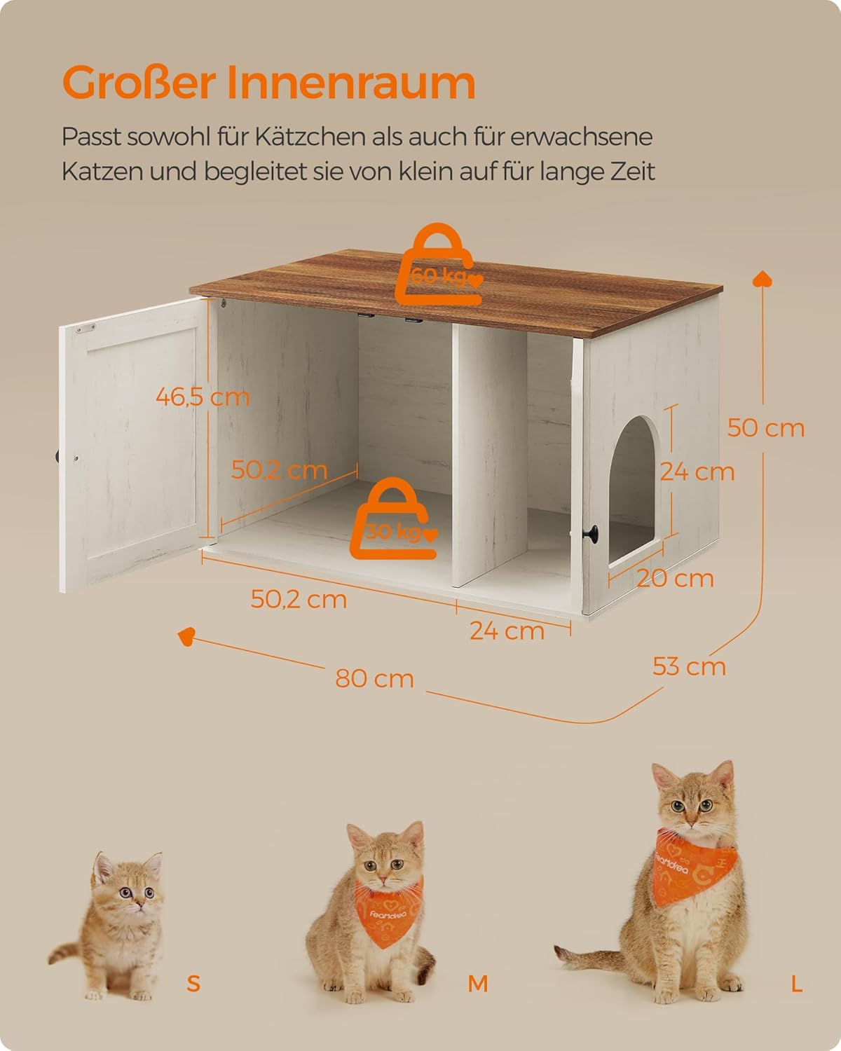 Katzenklo-Schrank mit Trennwand, 53T x 80B cm Honigbraun + Vintageweiss