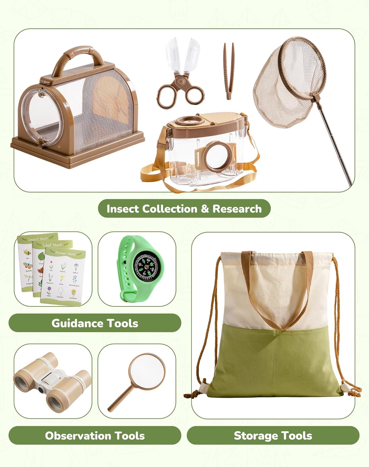 12-teiliges Entdecker-Set mit Insektennetz, Lupe, Insektenbeobachter, Schmetterlingsnetz, Grün - 12pc