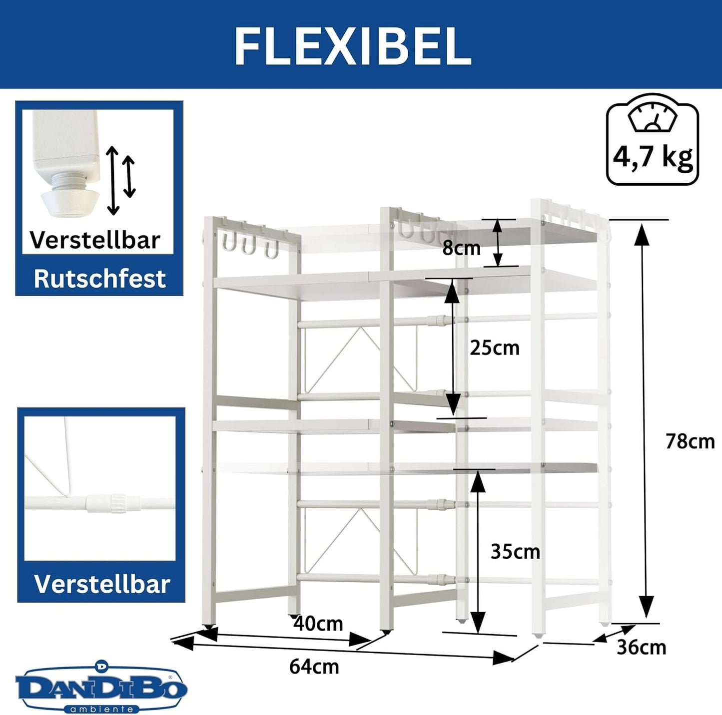 Verstellbares Mikrowellenregal 3-stufig, Weiss 3 Stufig / Höhe 78 cm