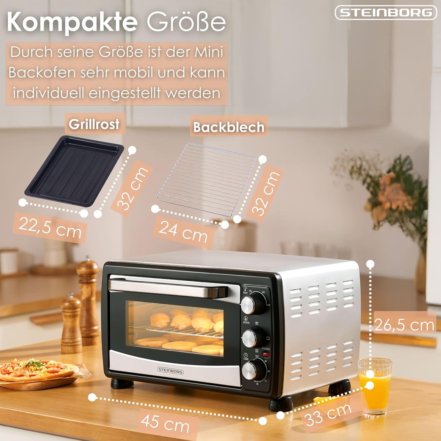 Mini-Backofen mit Umluftfunktion, 20 Liter, 1.400 Watt