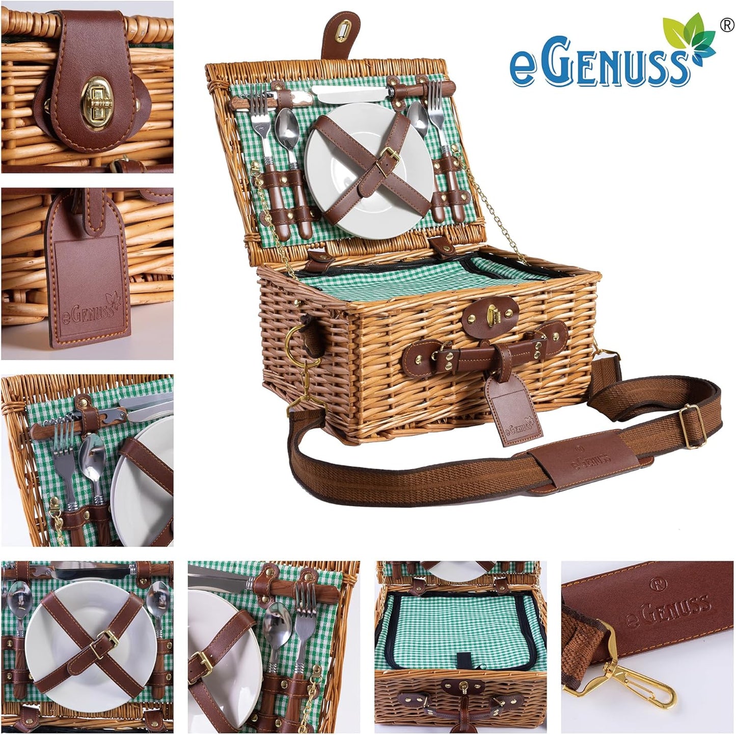 Picknickkorb mit abnehmbarem Schultergurt, Picknickkorb für 2 Personen - Grün / 1