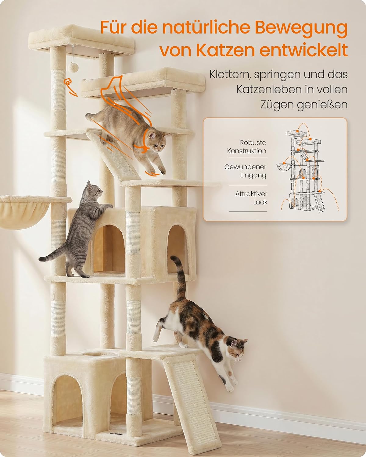 Katzenkratzbaum mit Höhlen und Hängematte, Beige