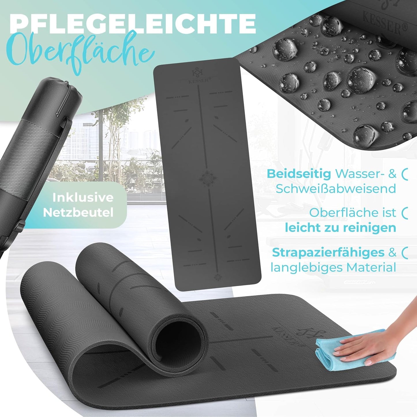Gymnastik- und Yogamatte, rutschfest mit Tragegurt, Anthrazit / Anthrazit