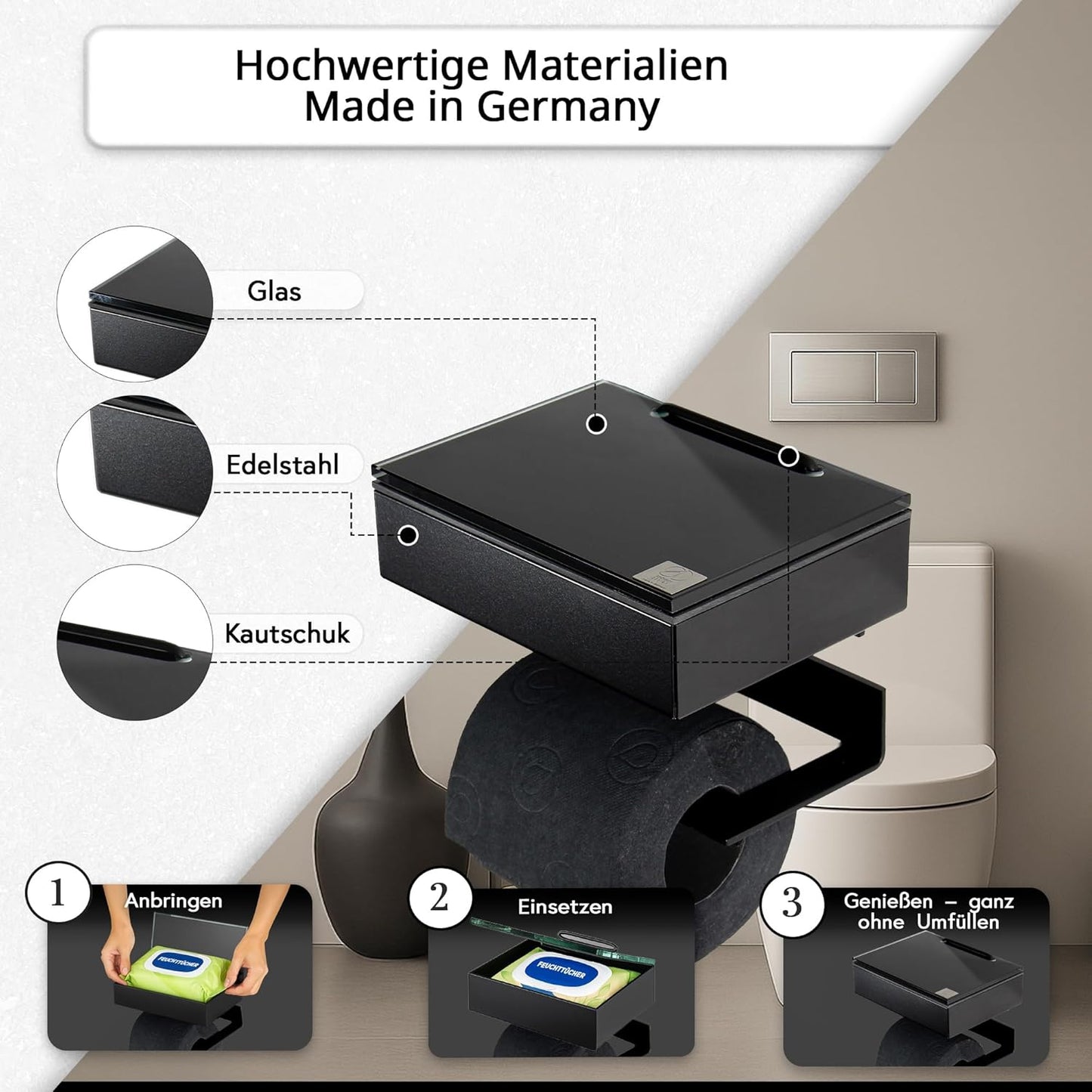 Toilettenpapier- und Feuchttuchhalter, Gehäuse Schwarz Matt Glas Schwarz Links