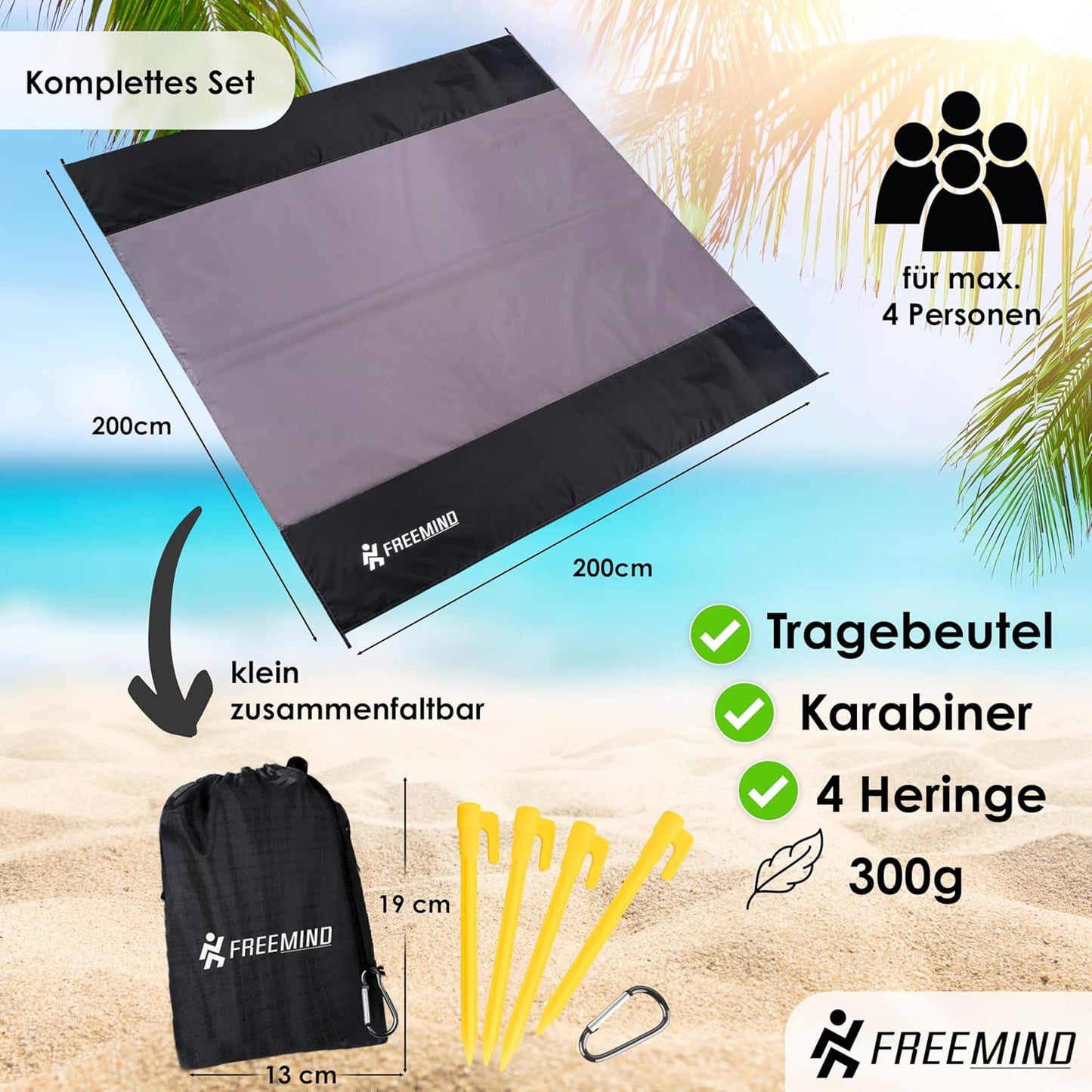 Ultraleichte Picknick- und Stranddecke, 2x2 m, Grau-schwarz 2x2 M