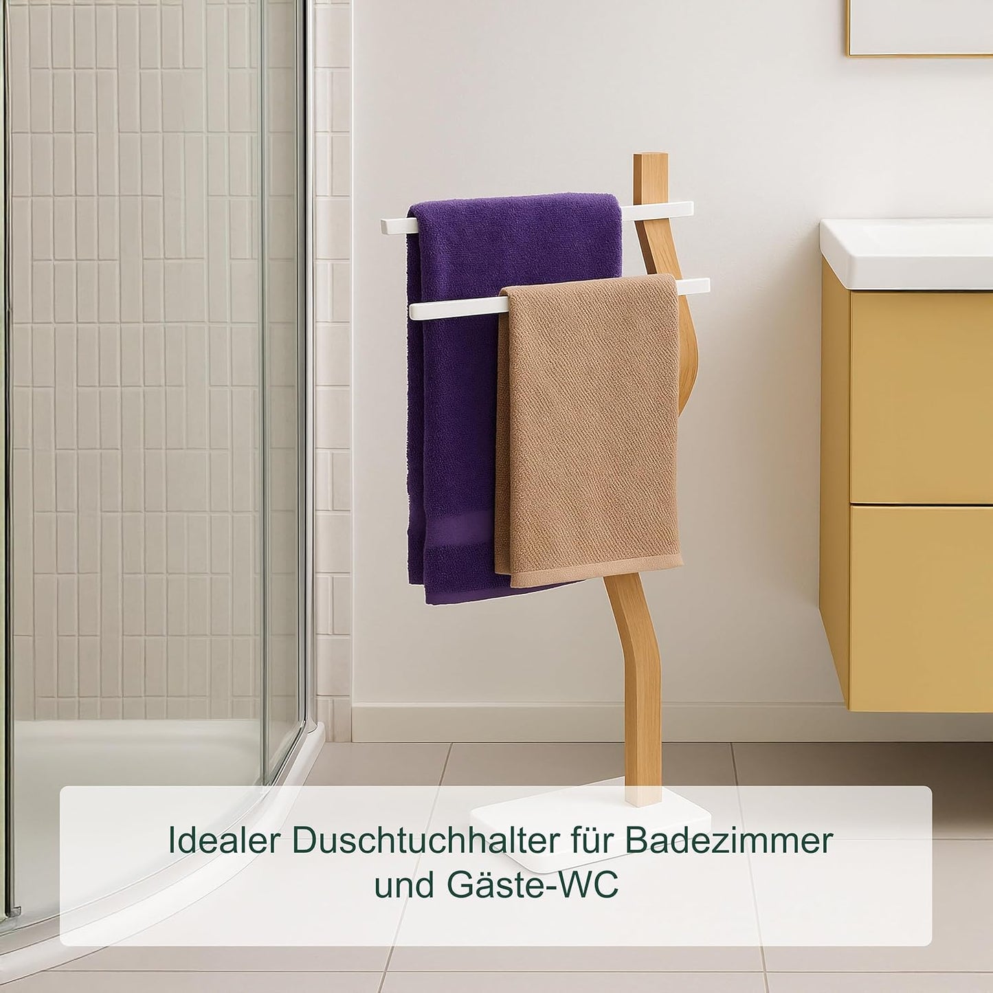Handtuchständer mit 2 Stangen aus Metall und Holz, Weiss/Natur