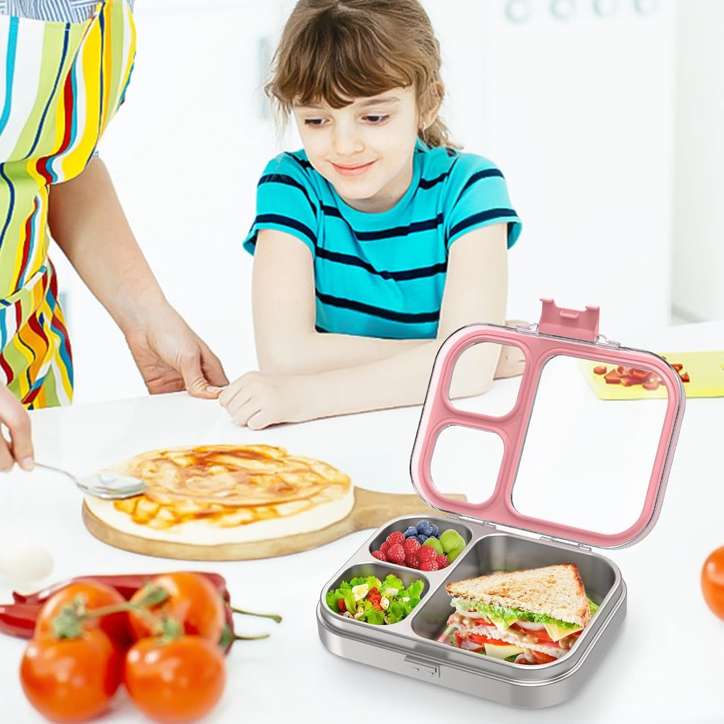Bento Box mit 3 Fächern, auslaufsicher, Rosa 800ml