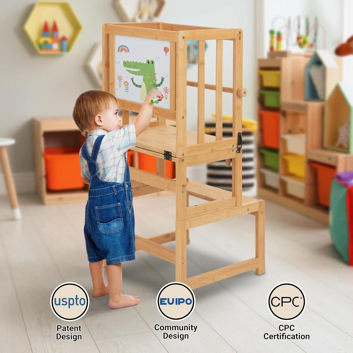 Montessori Lernturm ab 1 Jahr klappbar, L Klassisches Natur