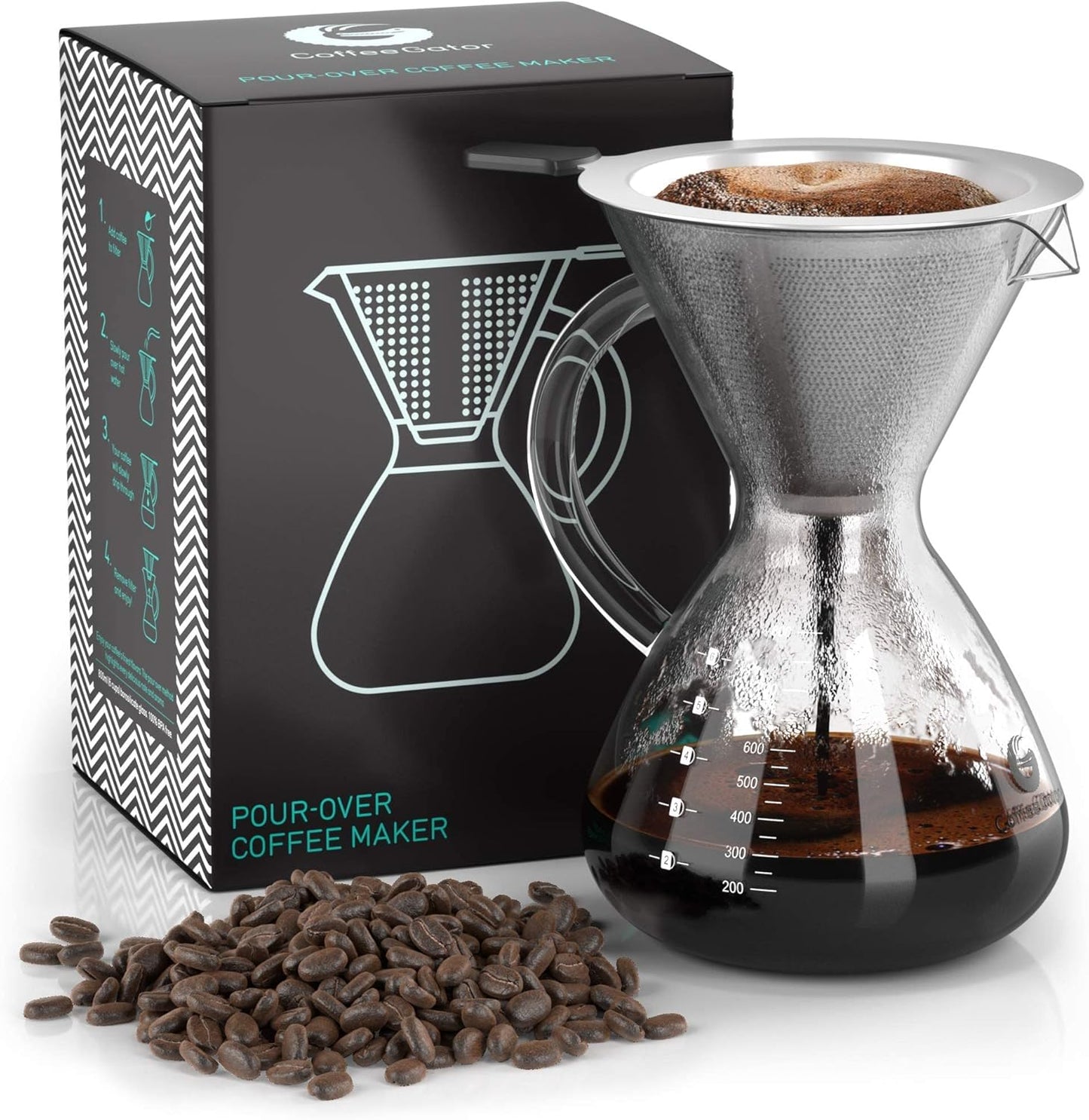 Pour Over Kaffeebrüher mit Edelstahlfilter, Transparent 800ml