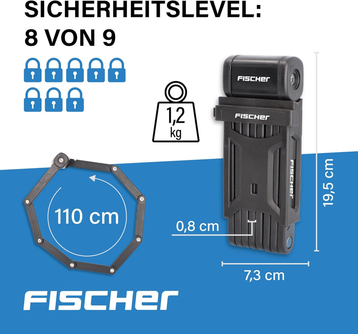 Faltschloss inklusive Halterung und 2 Sicherheitsschlüssel, Schwarz / 110cm / Single