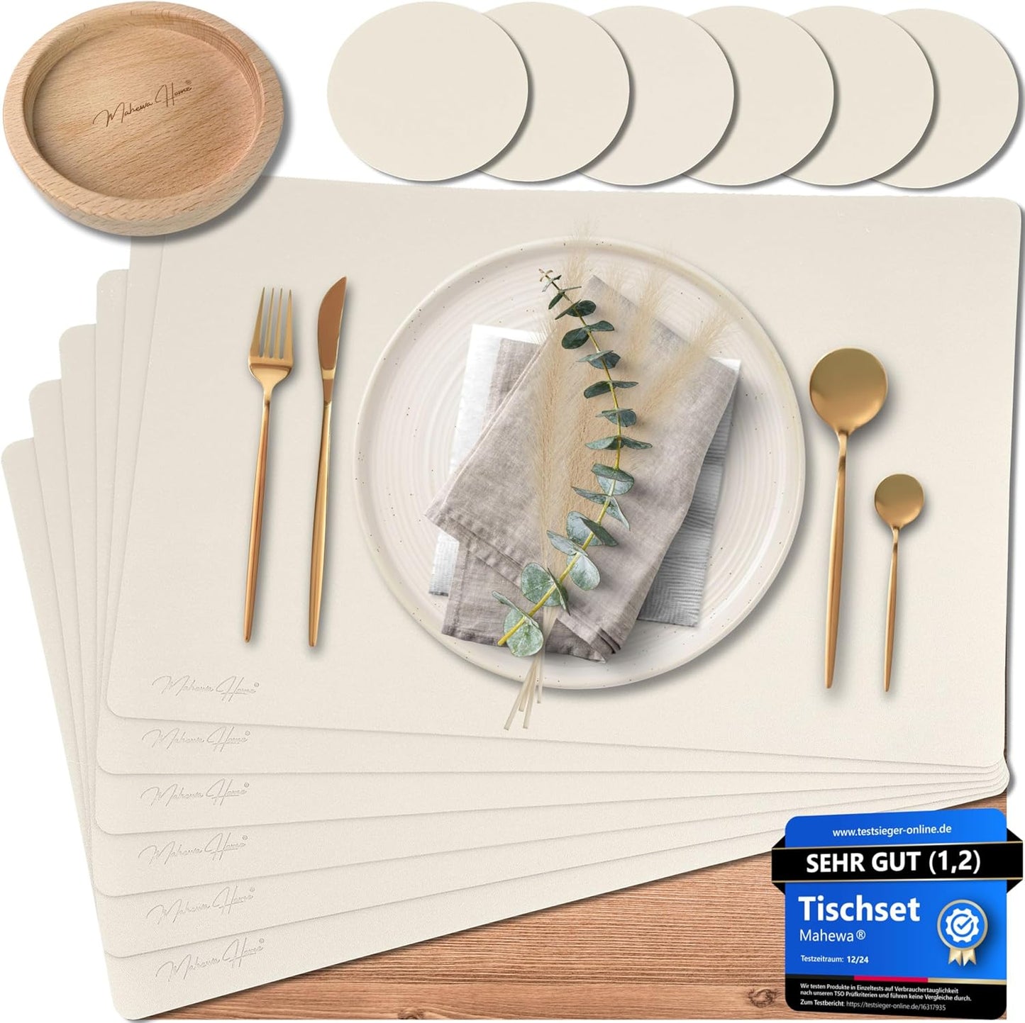 6er-Set Premium Tischset aus Kunstleder, Cremebeige Eckig mit Halter