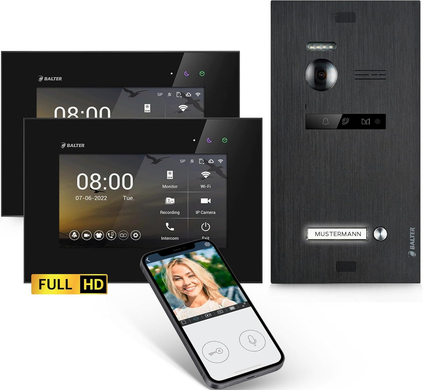 EVO-HD Video Türsprechanlage, 2 Monitore, Mit App D. Schwarz/Schwarz