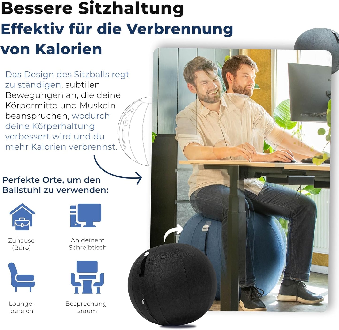 Ergonomischer Sitzball für Büro & Homeoffice (65 cm), 65 cm Schwarz