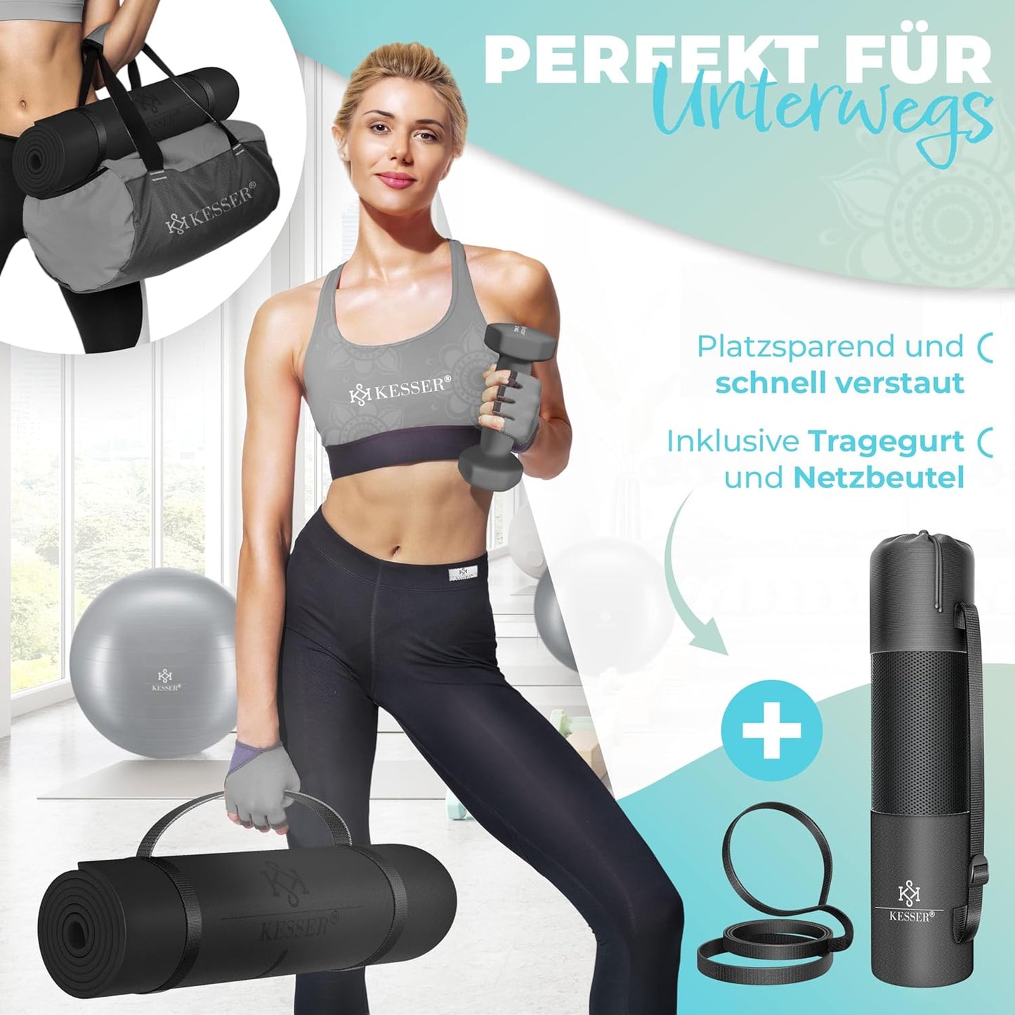 Gymnastikmatte + Tragegurt rutschfest TPE Yogamatte gepolstert, Schwarz / Schwarz