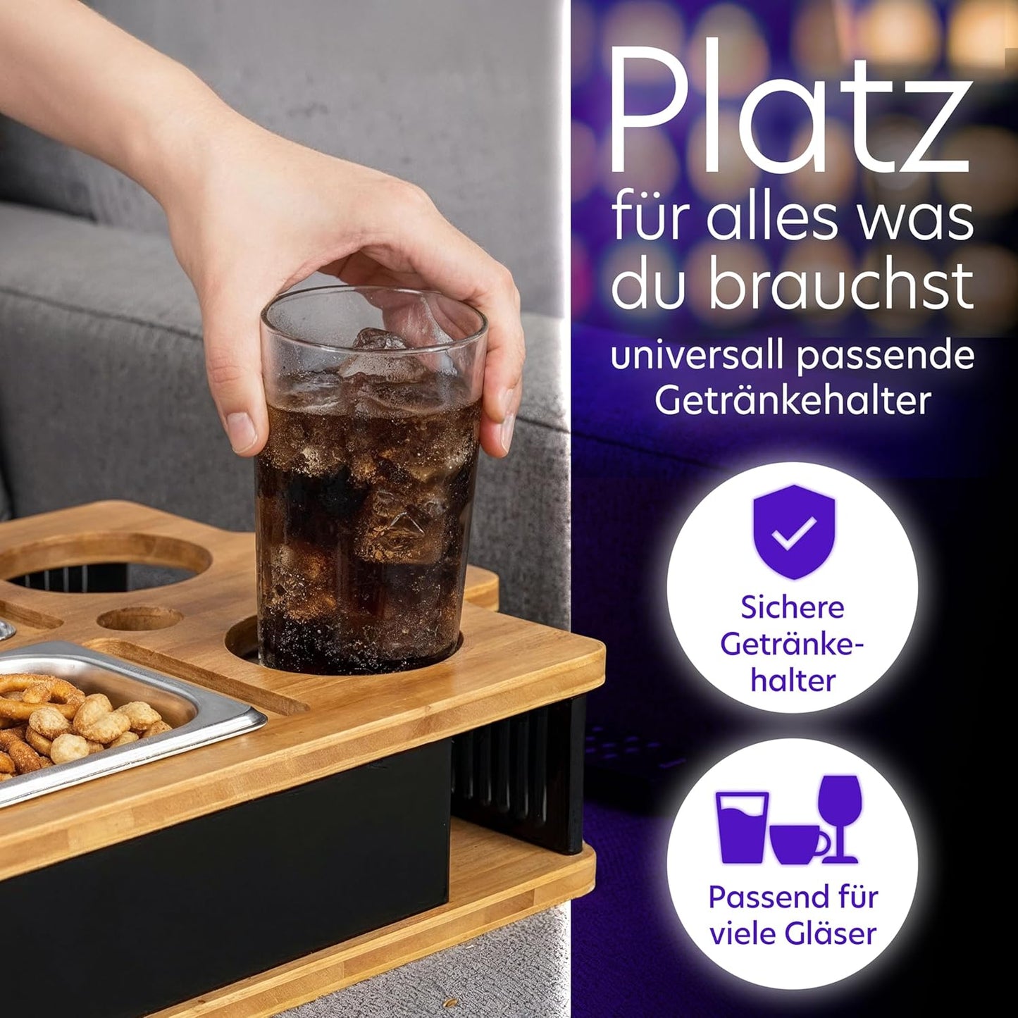 Couchbar mit Leuchteffekt, Schalen,Handy- & Getränkehalter