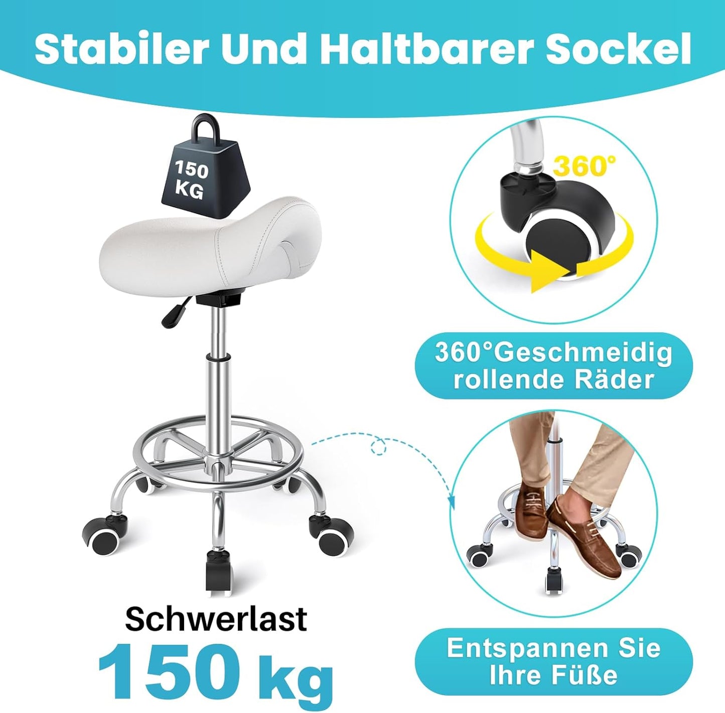 Ergonomischer Sattelhocker mit Rollen und Ringpedal, Weiss
