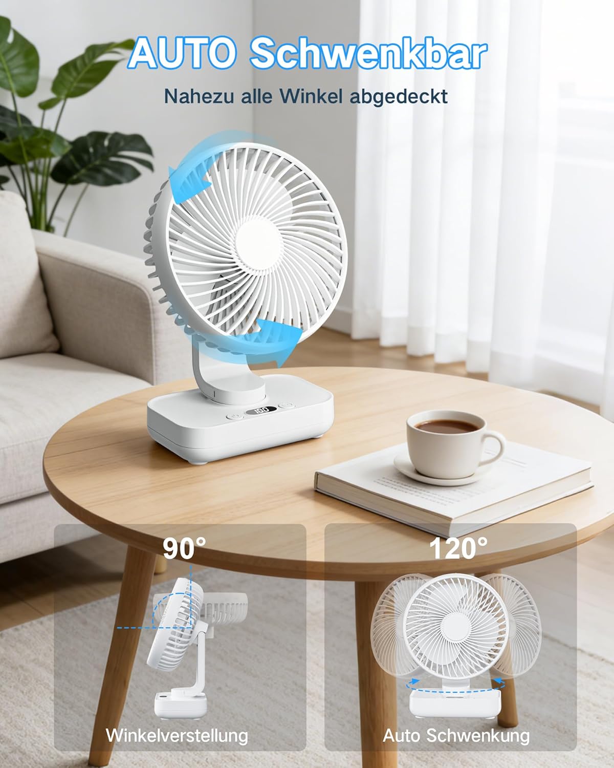 Oszillierender Tischventilator mit Akku und LED Display, Weiss
