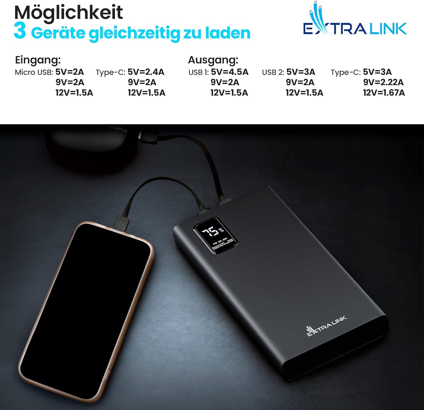Powerbank mit Schnellladefunktion, 10000mAh/22.5W/Schwarz