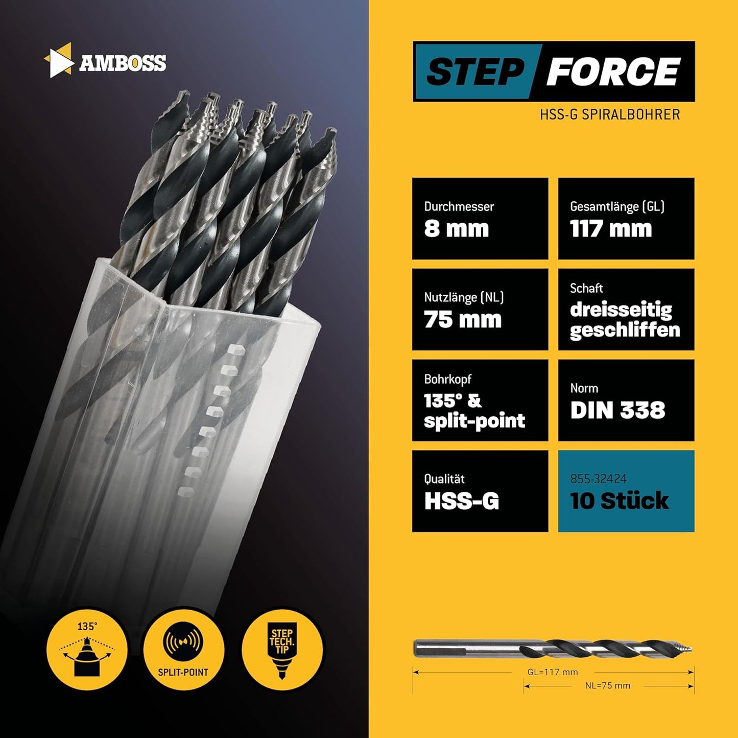 Step Force Spiralbohrer, Metall HSS-G Ø 8mm HSS-G / STEP / DIN 338 / 10 Stk.