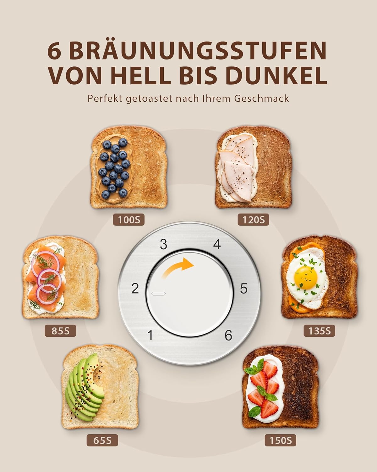 Toaster mit Brötchenaufsatz, Silber - Led Drehknopf