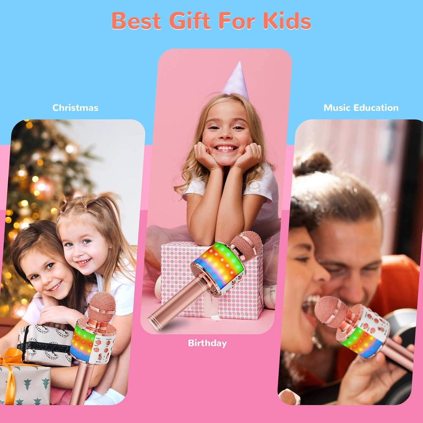 LED Karaoke Mikrofon Kinder mit Stimmenverzerrer, Roségold